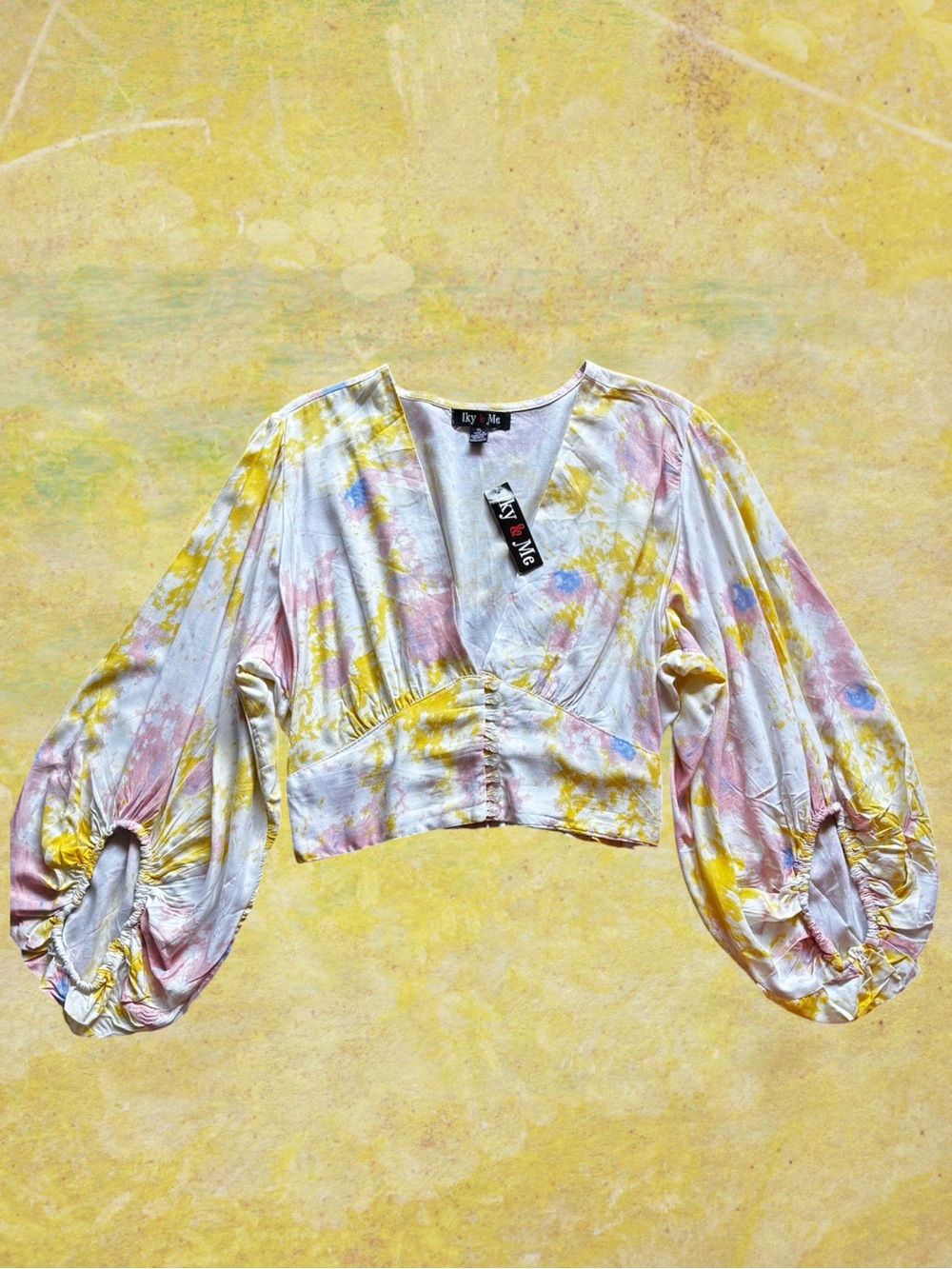 Iky & Me Tie Dye Balloon Sleeve Crop Top Pink Yellow | Size XL | NWT - Picture 2 of 10